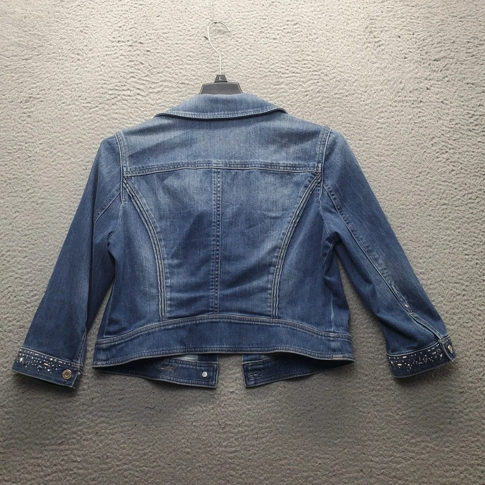 White House Black Market Trucker Jacket Womens 14 Blue Cuff Beaded Embellished